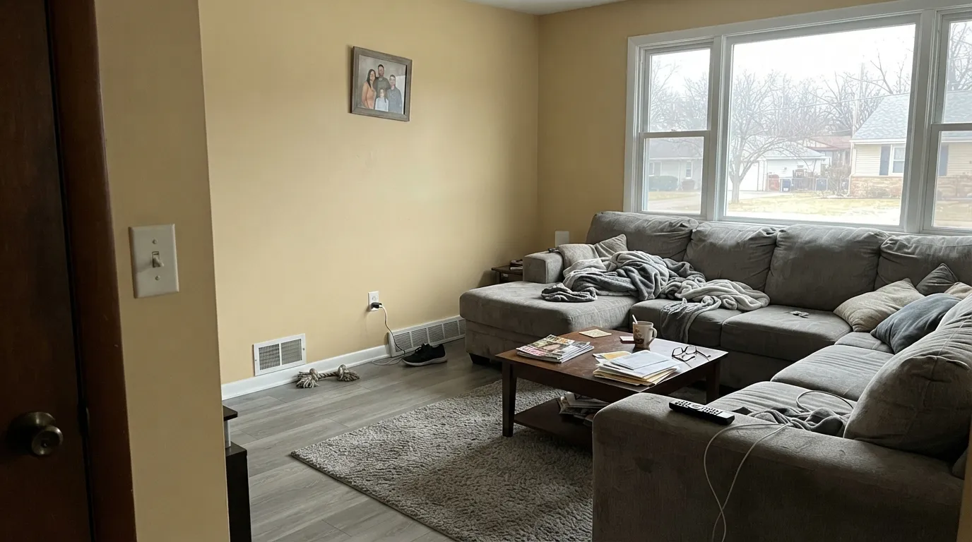 The honest shot: four walls of Sandcastle next to gray furniture and gray floors — it is beige, not greige, and the yellow-brown is the whole room.