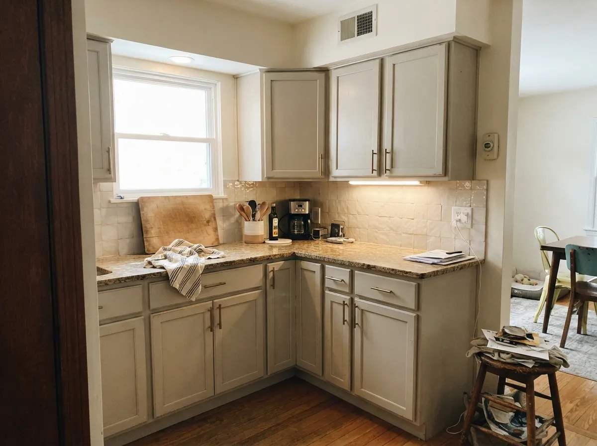 The millwork job: satin Shady on the boxes — warmer than white, quieter than tan — with brass and a cream wall.