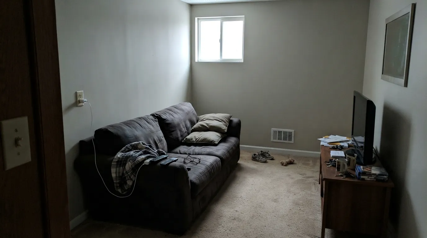 The honest shot: in a dim north room with no lamps, the beige drains out and Shady goes drab gray — the exact light that undoes this family of greiges.