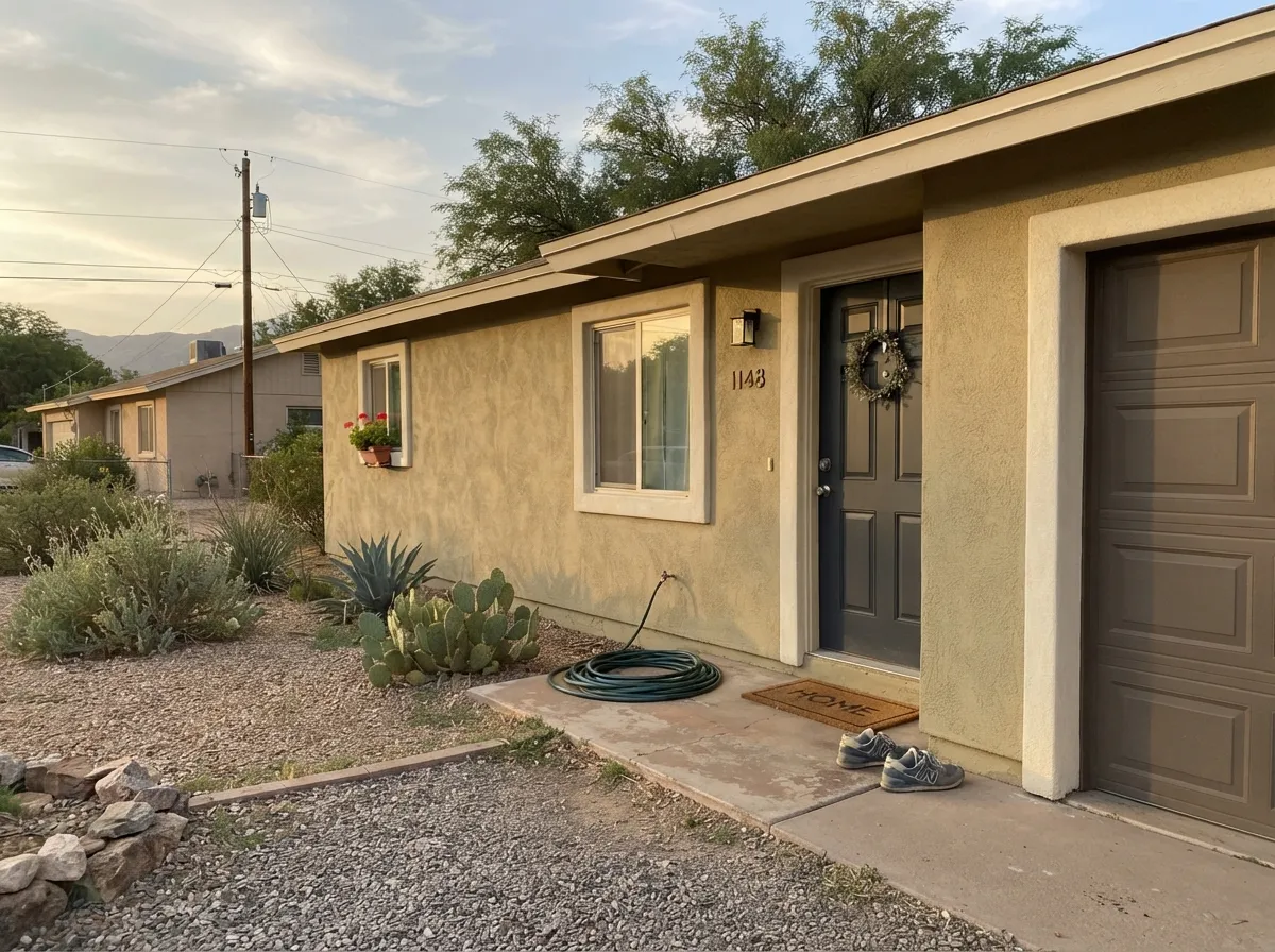 The job it was mixed for — mid-taupe stucco with cream trim that holds in high sun instead of bleaching to beige.
