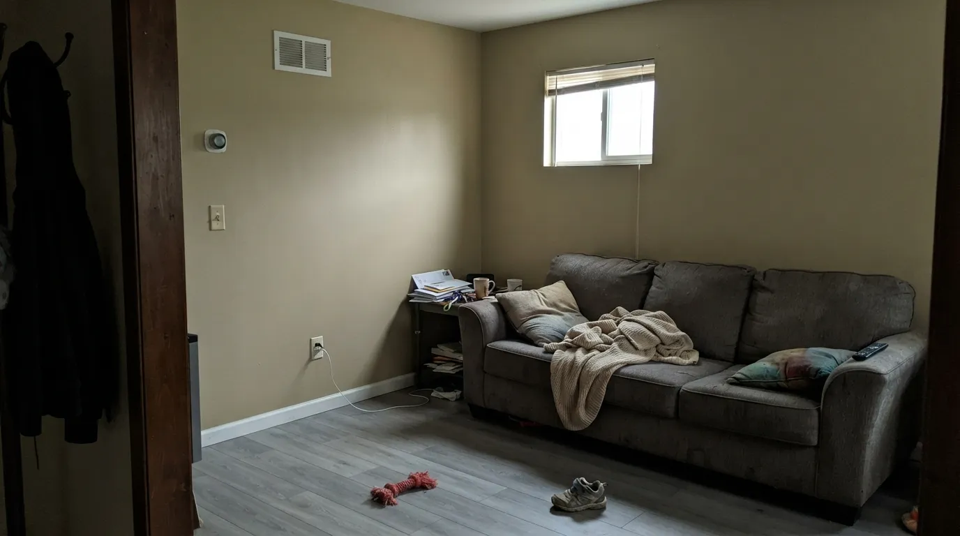 The honest shot: dim north light and gray floors strip the warmth and leave khaki-mud — the room people get when they thought they were buying a light greige.