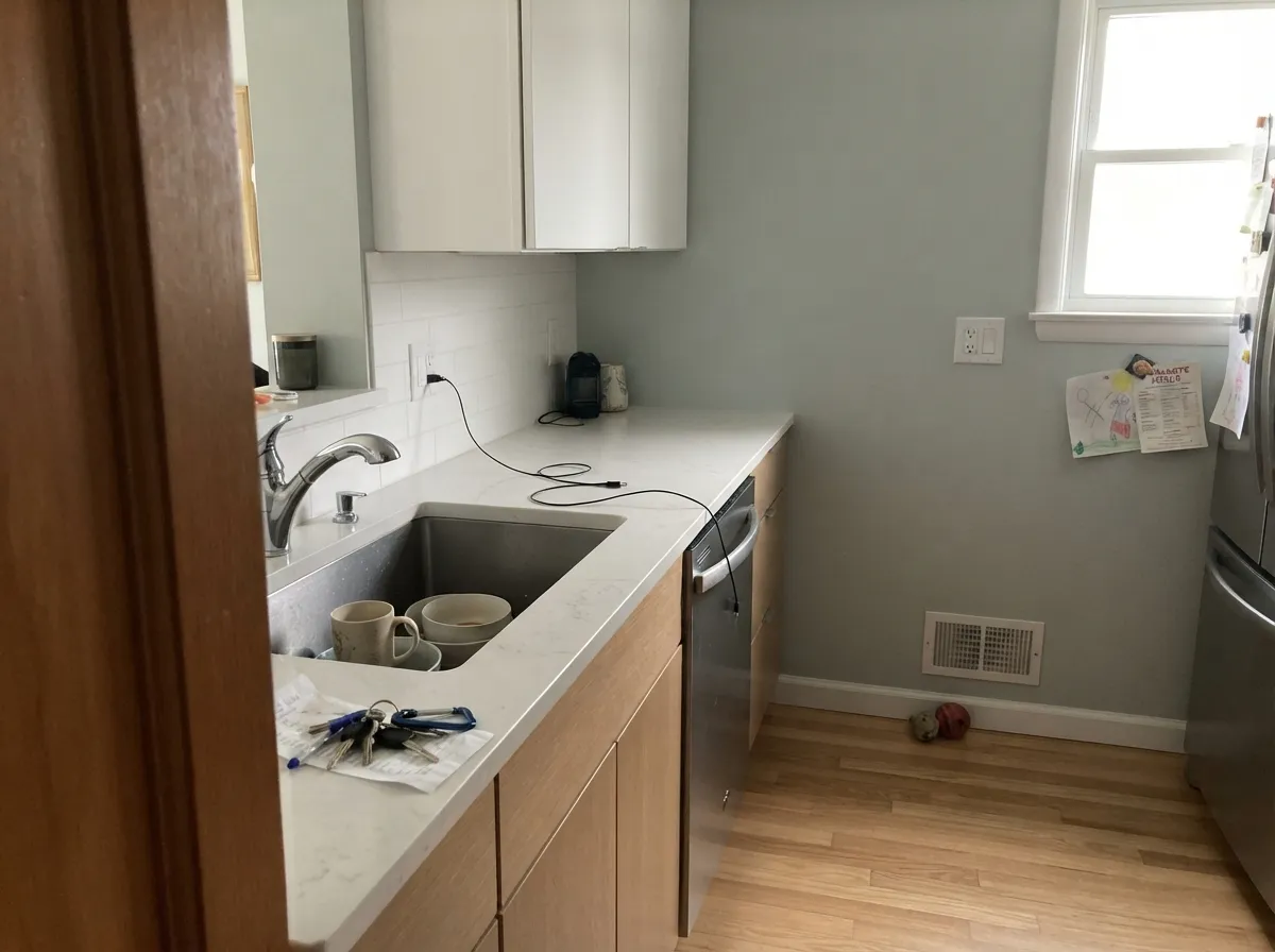 With marble-white quartz and chrome it reads as the gray Dunn-Edwards pointed it at — cool, clean, and finished.