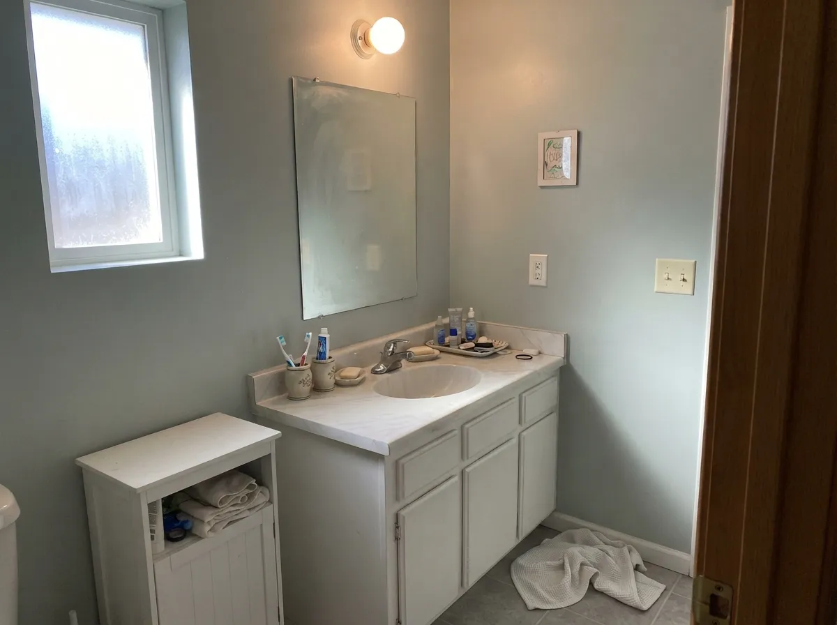 Cool stone and chrome keep Silver Spoon silvery in a bath — this is one of the rooms where the undertone stays in the undertone.