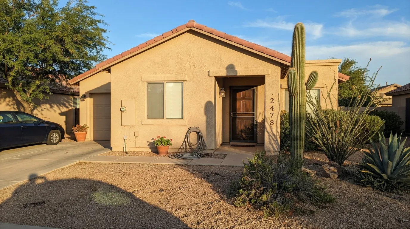 Real Phoenix-area afternoon sun — the whisper of red comes forward and the stucco reads warm and substantial, not flat tan.