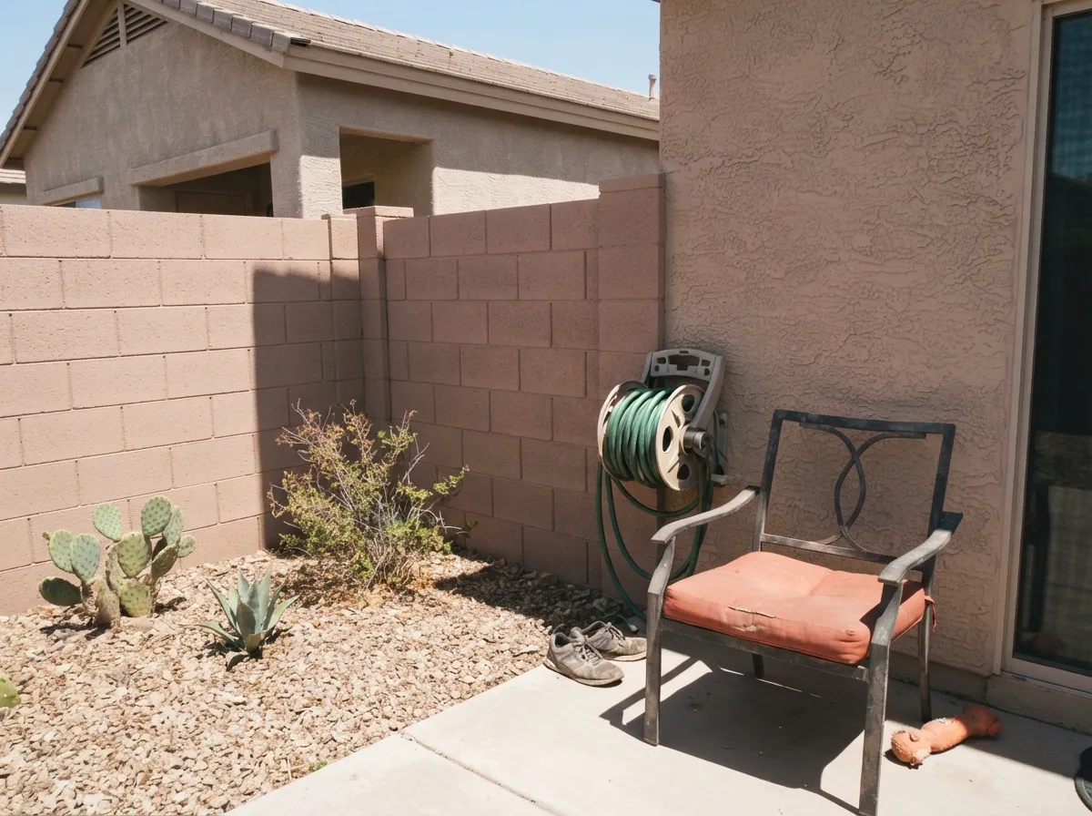 Matching the perimeter wall to the house body is the classic Southwest move — the color holds up on masonry the same way it does on stucco.