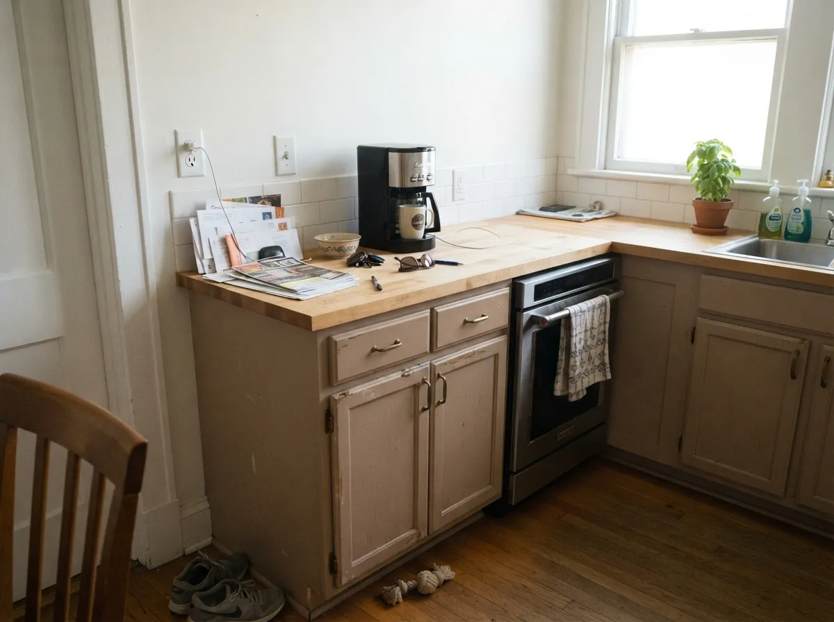 Indoors, away from direct sun, it settles into a quiet warm taupe — a real alternative to a cooler gray on cabinets.