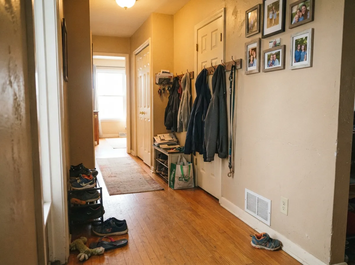 The whole-house test: hallways are where Stucco Tan earns its Instant Designer keep, carrying room to room at LRV 68 without clashing.