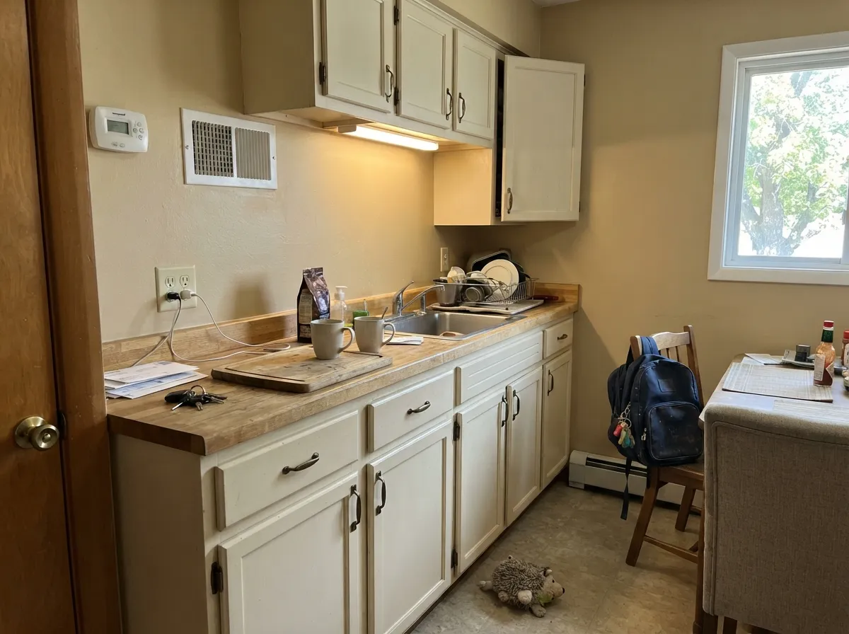 On kitchen walls with oak and brass it stays sandy and quiet — the tan does the backdrop job and lets the wood talk.