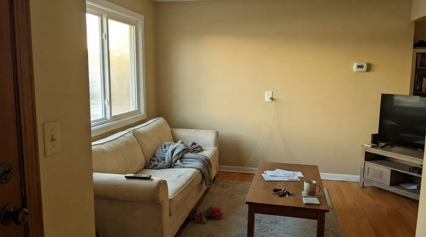 The honest shot: west afternoon sun pulls the muted gold and Stucco Tan goes builder-beige — the exact 'I wanted greige' surprise from the chip.