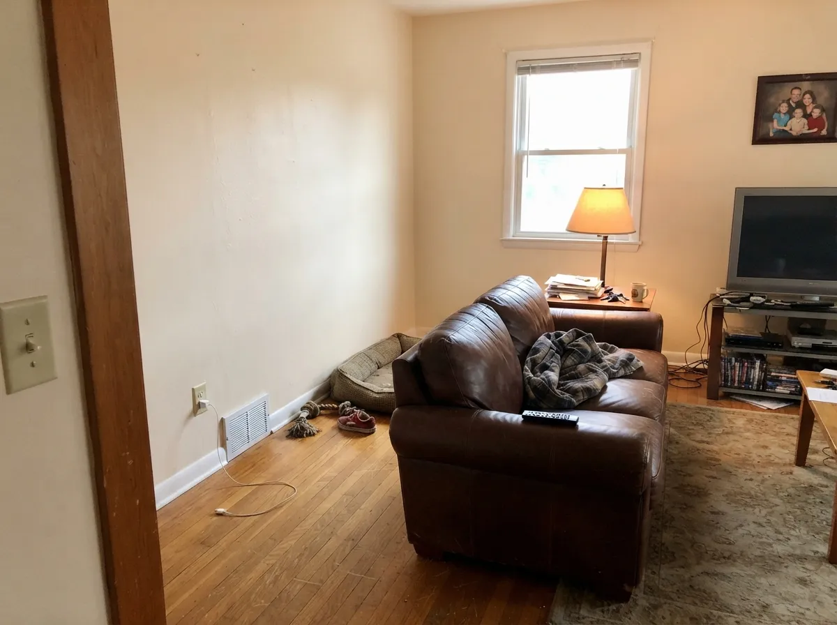 With oak floors and real daylight indoors, the cream reads calm and inviting, not overpowering.