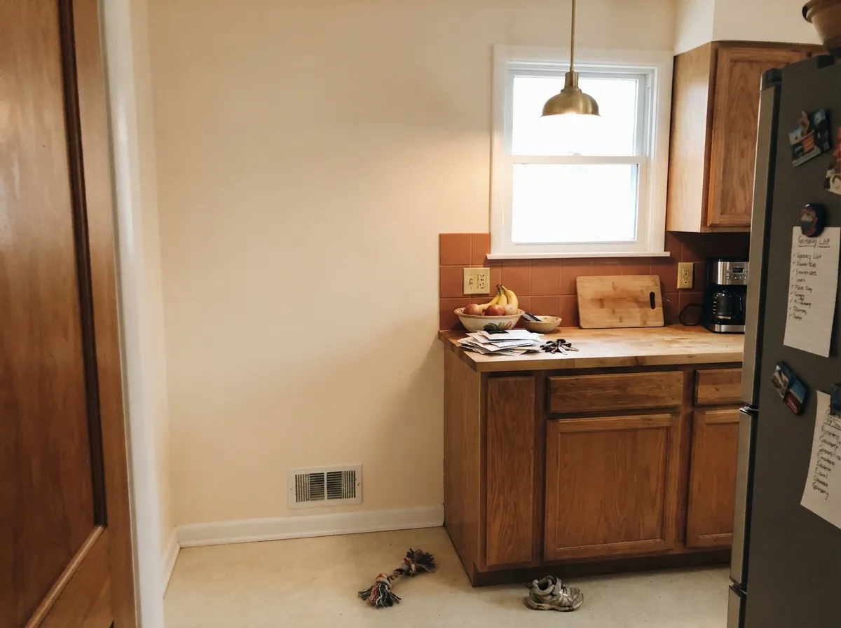 Butcher block, brass and terracotta tile are this color's best company — the warmth meets warmth instead of fighting it.