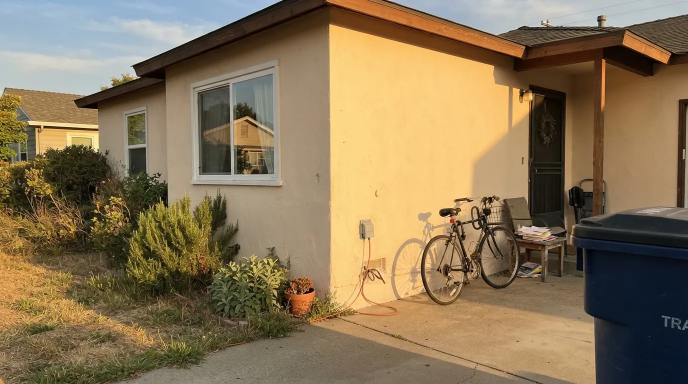 The honest shot: late-afternoon west sun turns the wall distinctly yellow-orange — the exact hour behind the "is Swiss Coffee too yellow" question homeowners keep asking.