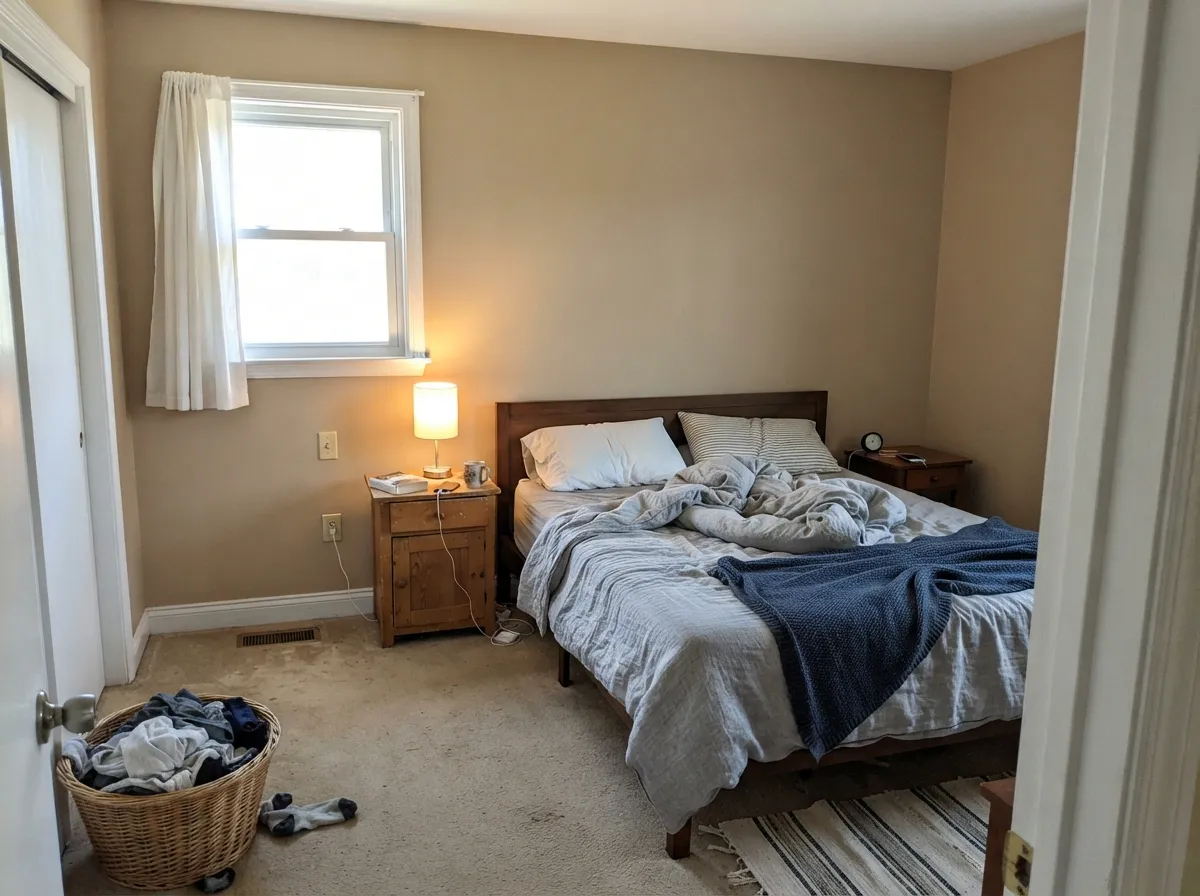 In a daylight bedroom the midtone stays restful — dirt-road tan, not nursery beige, not muddy.