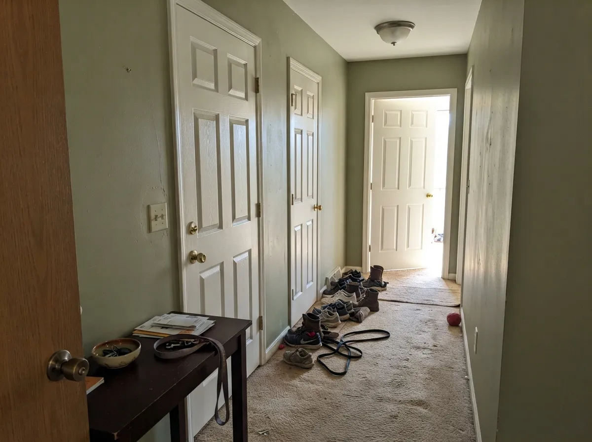 The job Dunn-Edwards actually sells: Warm White millwork snapping clean against a mid-tone wall — trim white, not a creamy wall white.