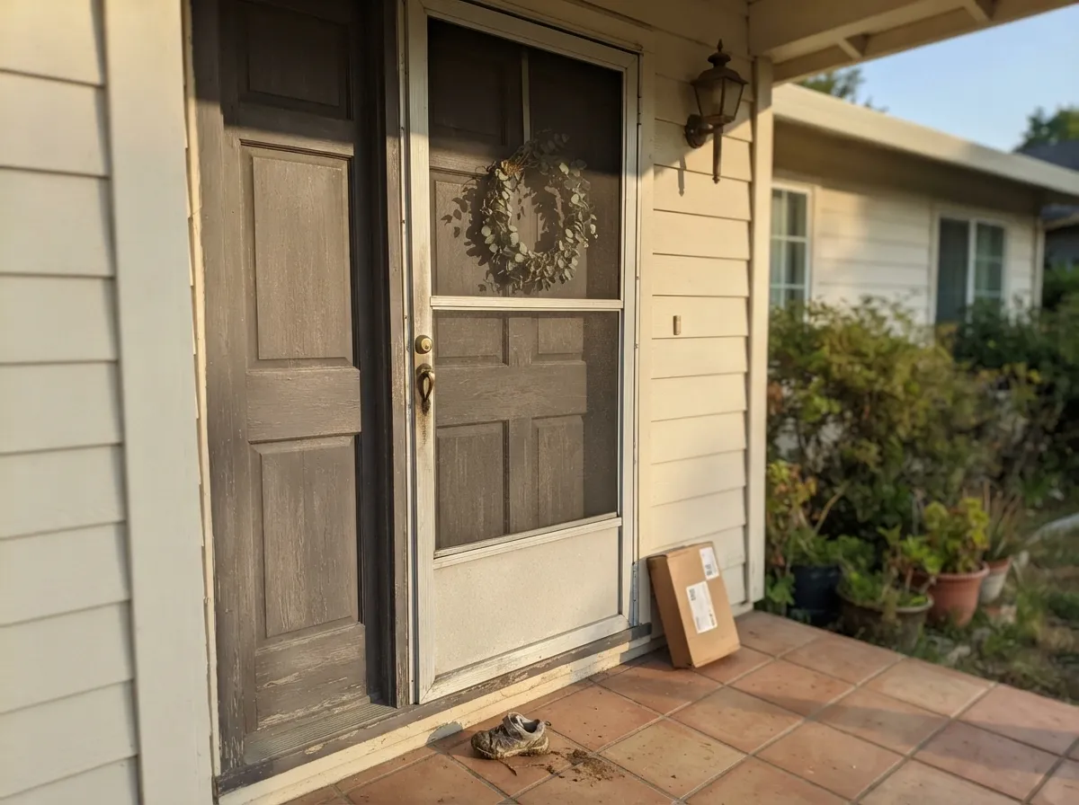 On a sunlit door it finally reads brown — the Southern California front-door use, terracotta underfoot, cream siding beside it.