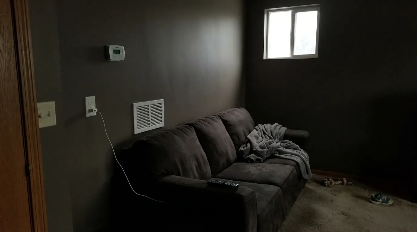 The honest shot: in a dim north room with no lamps, the brown drops out and Weathered Brown goes cave-black — the four-wall situation at LRV 8.