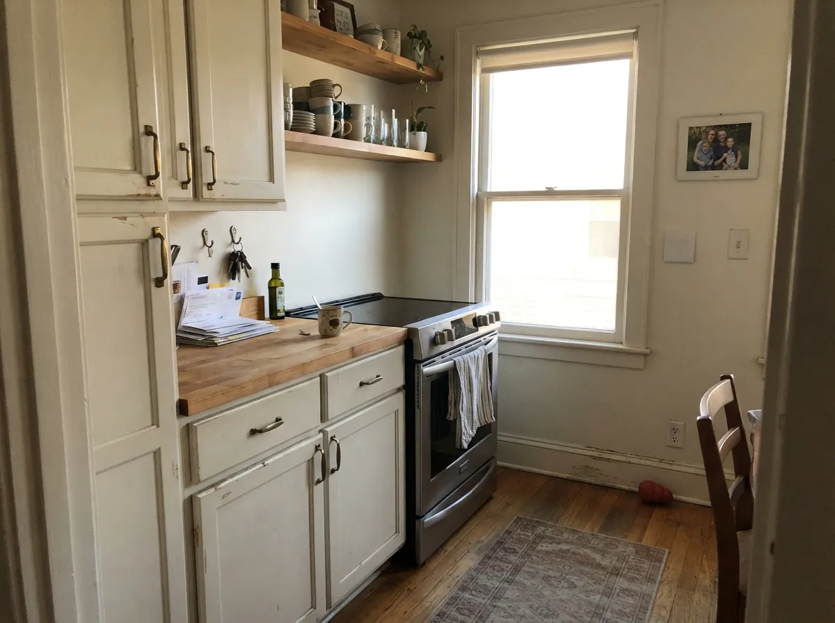 The combination it was built for: warm wood, brass hardware, and cabinets that read lived-in instead of factory-bright.