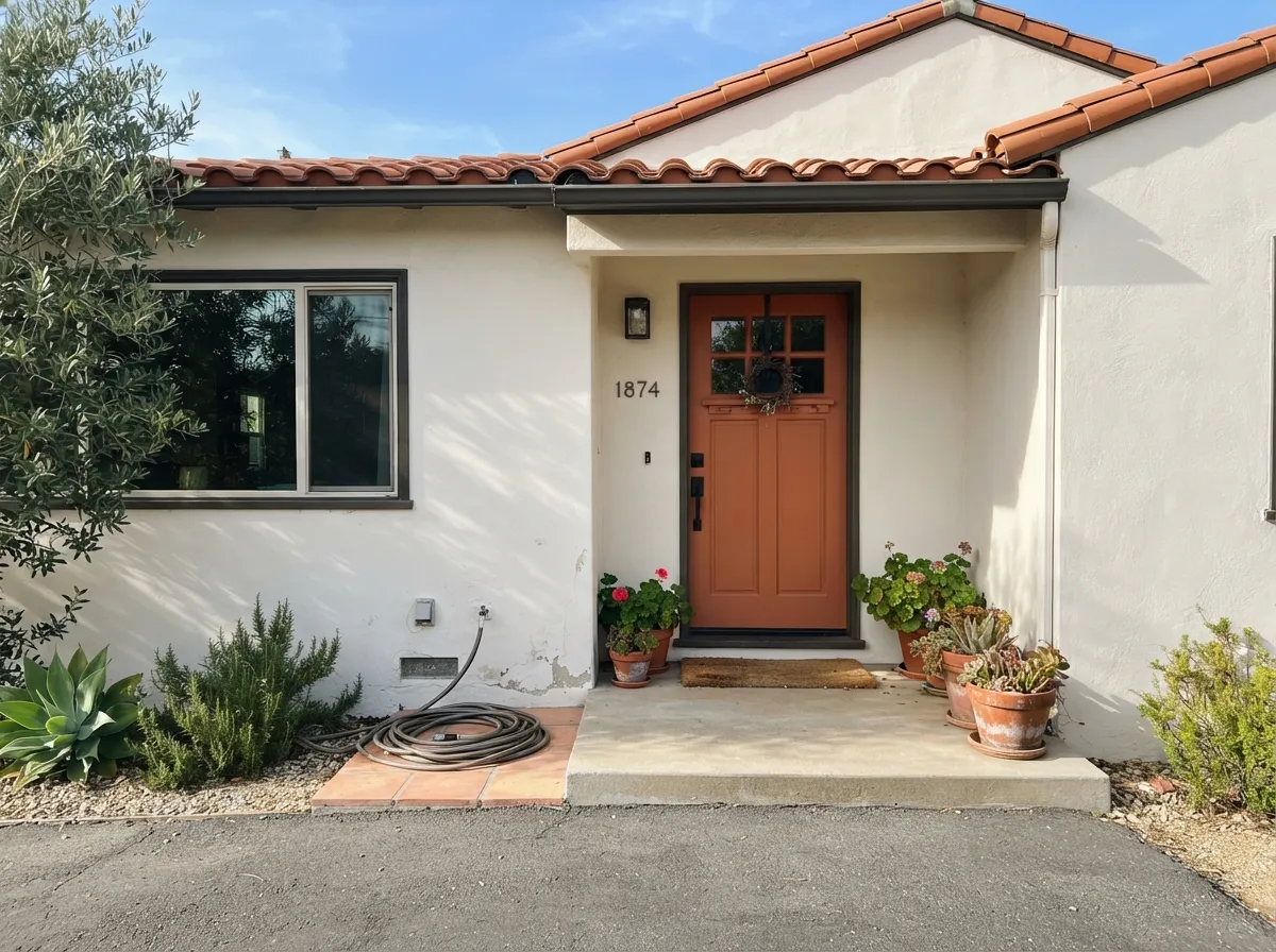 On stucco under real sun this is Dunn-Edwards' home turf — clean and warm against terracotta and dark trim.