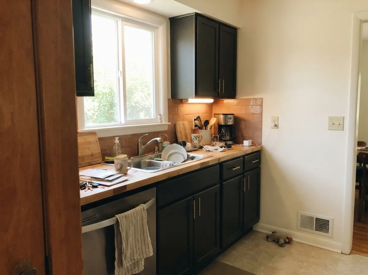 Dark cabinets and terracotta against White Heat walls — the kitchen pairing that keeps the white looking sun-washed instead of dingy.