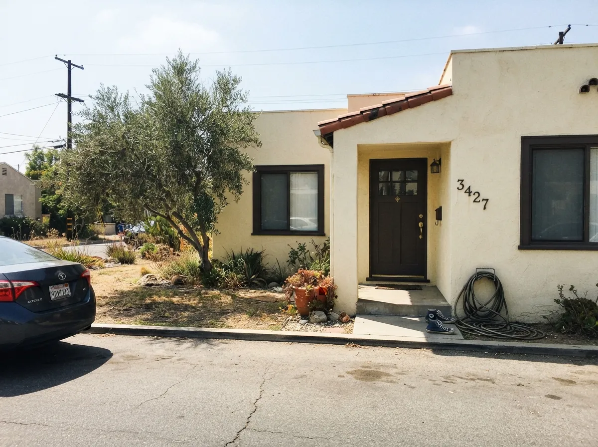 On sunlit stucco White Heat stays a bright warm white against clay tile and dark trim — the Spanish and Mediterranean job Dunn-Edwards still files it for.