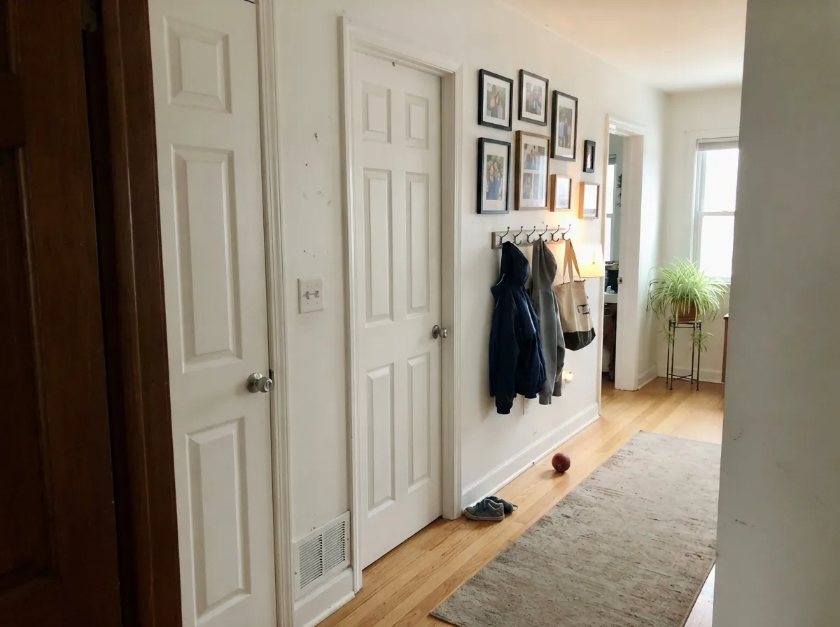 The whole-house test: hallways are where White Picket Fence earns its keep, carrying room to room as one color with only a sheen change on the doors.