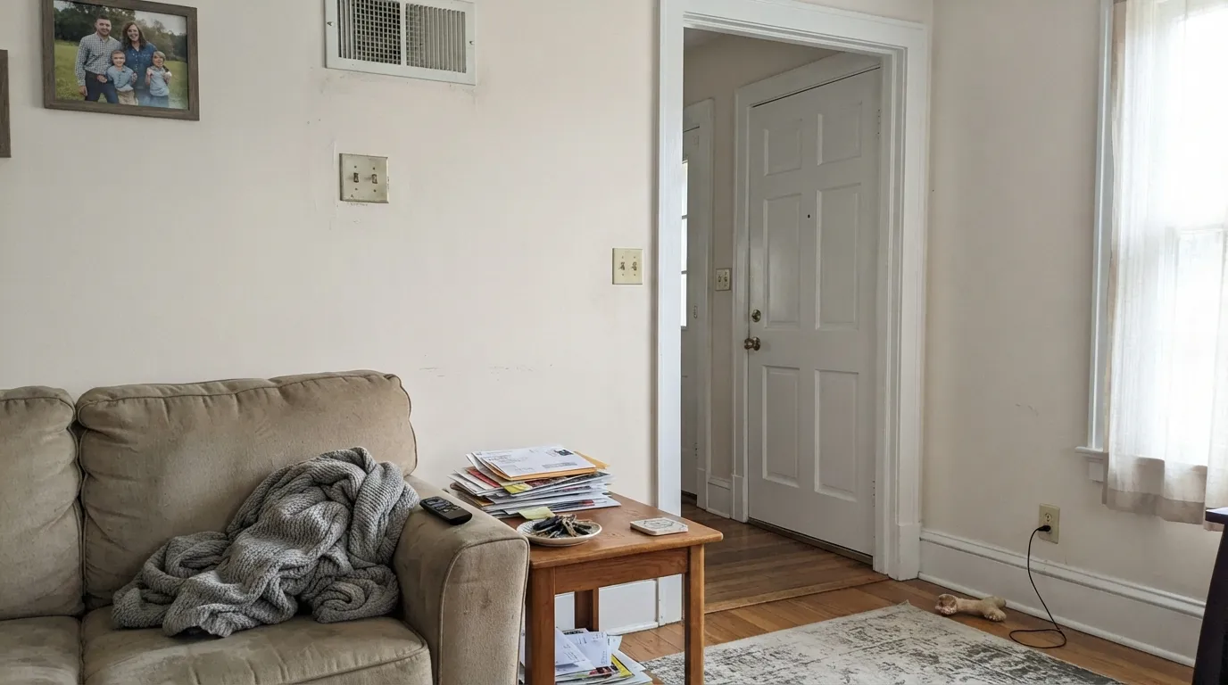 The honest shot: White Picket Fence walls next to brighter Warm White trim — the walls go unwashed, the exact pairing that generates the bad reviews.