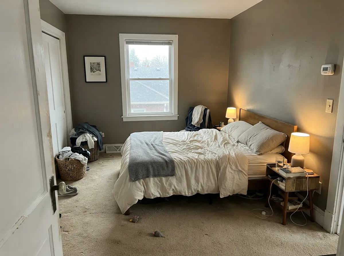 In a morning-lit bedroom the taupe stays soft — not cold gray, not yellow beige — then warms under the lamp.