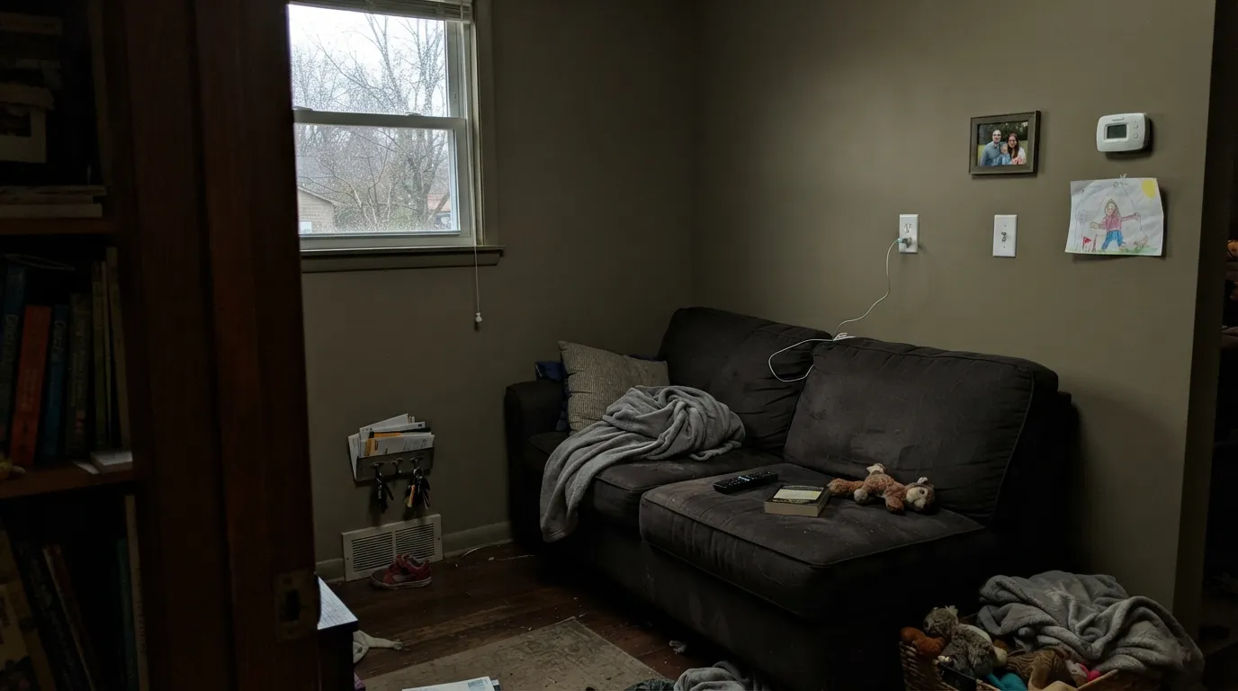 The honest shot: in a dim north room with no lamps, LRV 31 has no bounce — Wooden Peg goes khaki-cave, the exact situation that kills this color indoors.