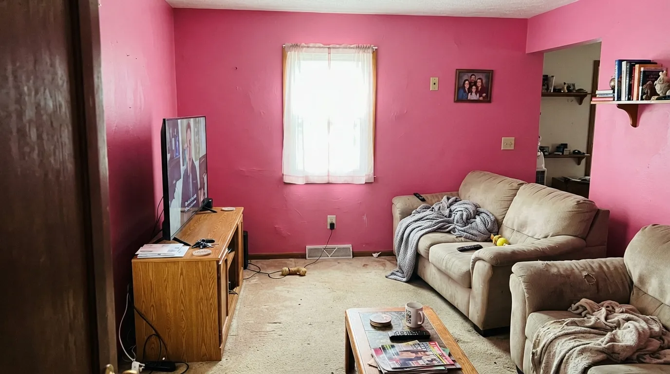The honest miss: four living-room walls of candy pink when the brief was blush — this chroma does not whisper, and cool light makes it cheaper.