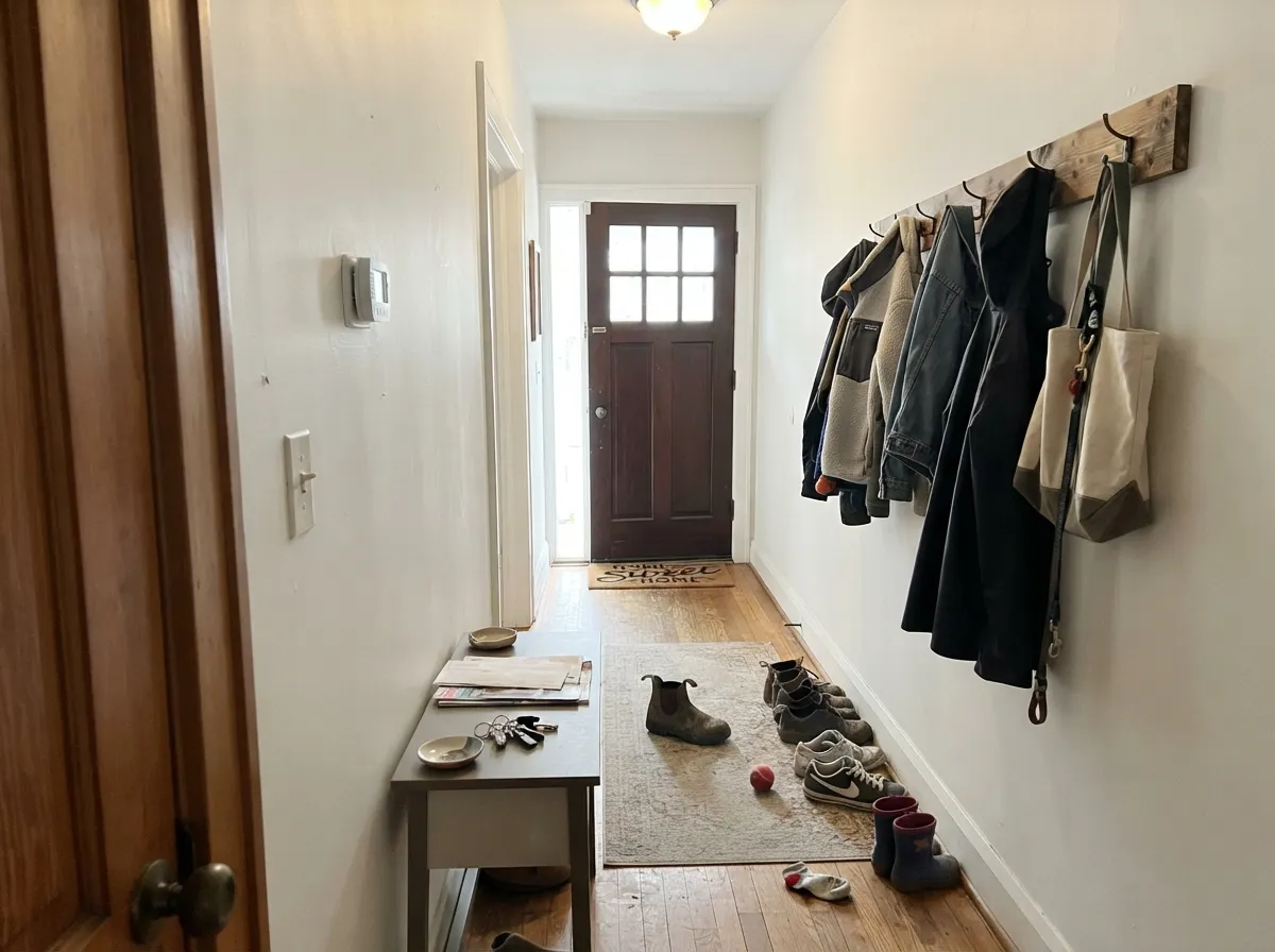 A hallway with only borrowed light — the exact scenario Farrow & Ball recommends the color for.