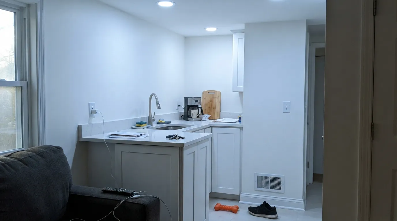 The honest shot: cool LEDs, white quartz, and chrome with nothing warm nearby — the exact combination that turns this soft white clinical.