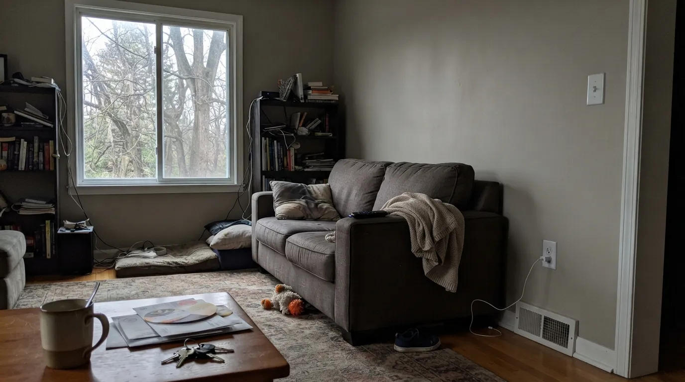 The honest shot: in a dim, tree-shaded north room with no lamps, Ammonite loses its warmth and goes flat — the "very grey" complaint from real owners.
