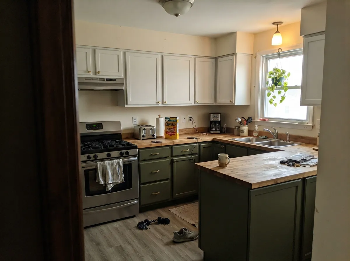 The lowest-risk way to buy this color: olive on the lowers and island, warm white above, brass pulls doing the rest.