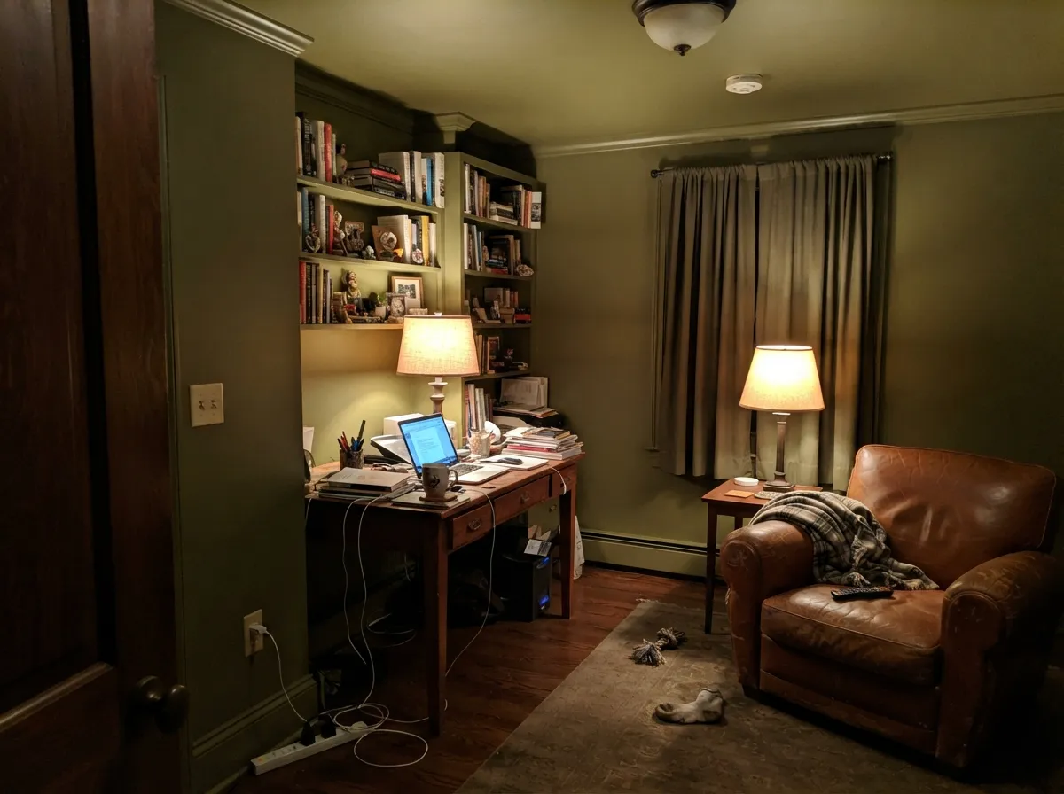 Drenched in a small room after dark, warm bulbs pull the yellow forward and the olive turns cozy rather than cave-like.