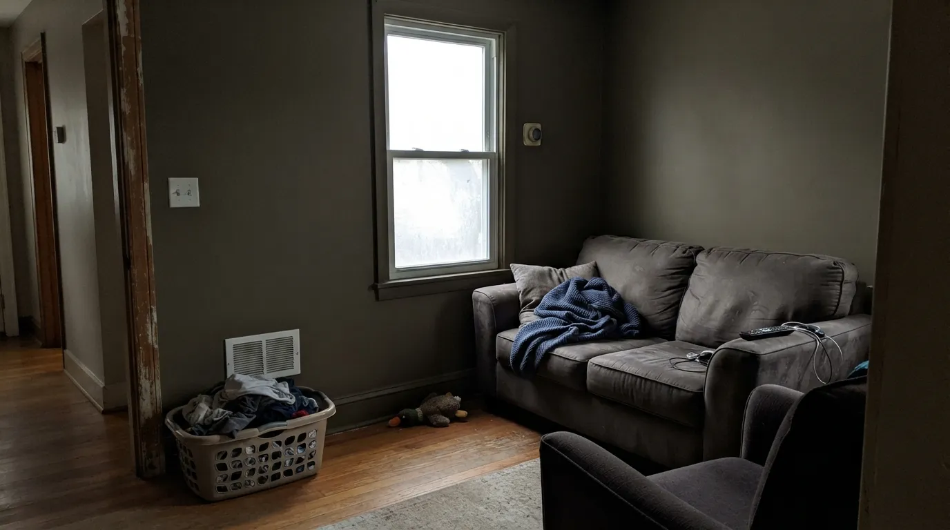 The honest shot: in a dim north room with no lamps the yellow drains out and Bancha goes brown-black — the exact regret the north-facing threads describe.