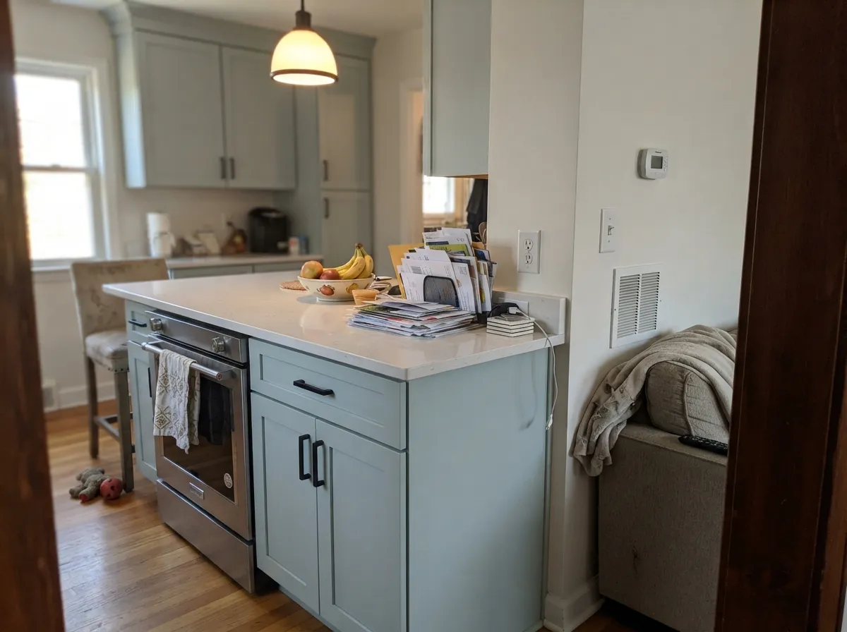 The graphic kitchen-island pairing designers keep coming back to: pale blue-gray against white counters and black hardware.