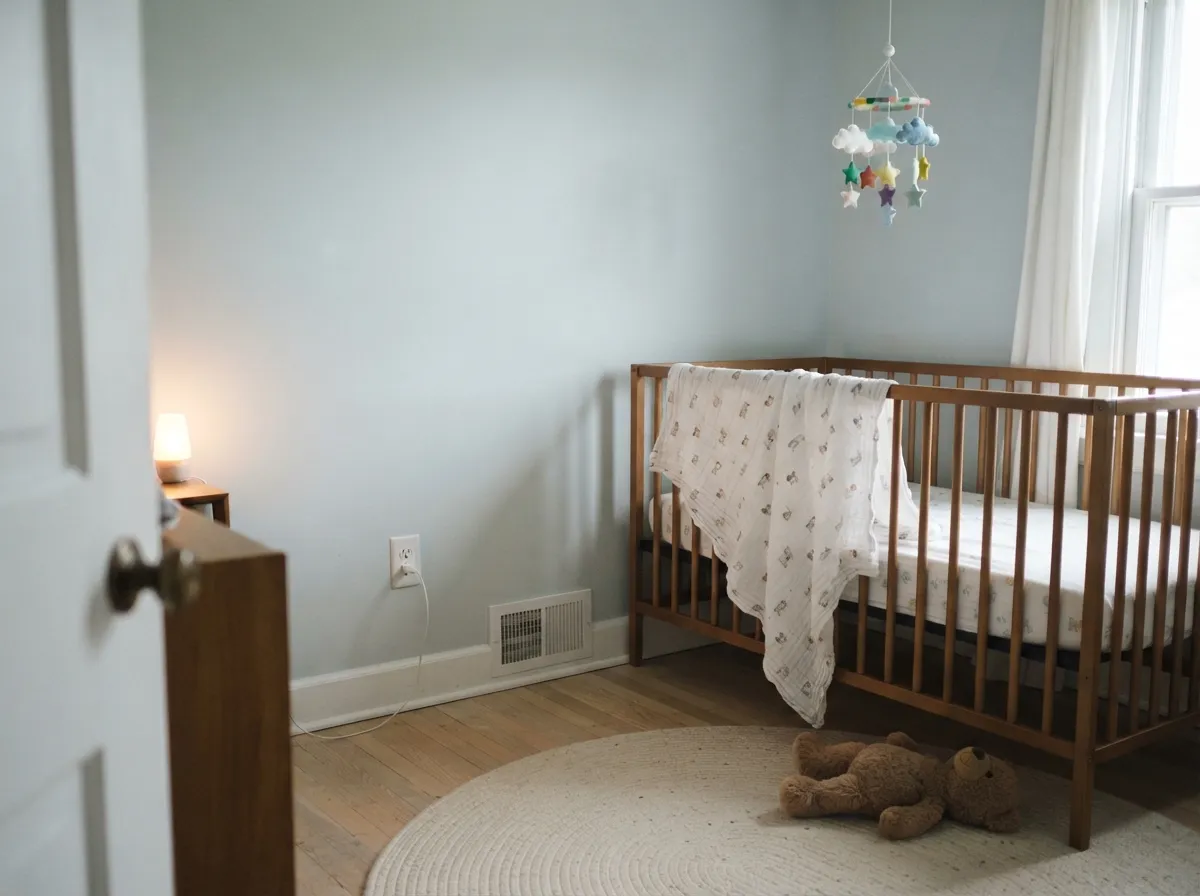 A nursery blue that skips the sugary pastel cliché — calm without reading 'baby blue.'