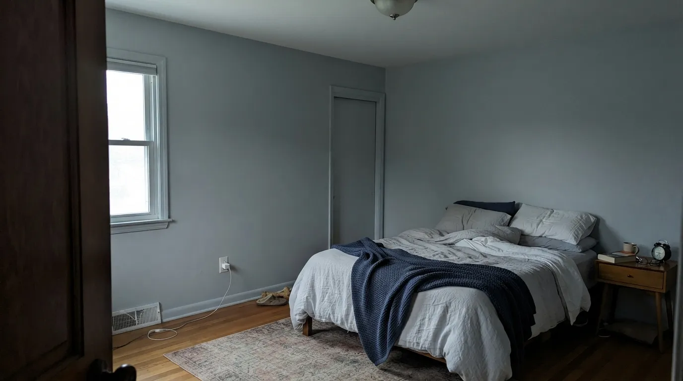 The honest shot: a dim north room with no warm lamps drains the blue and leaves a flat, moody slate-gray — the exact light this color depends on real daylight to avoid.
