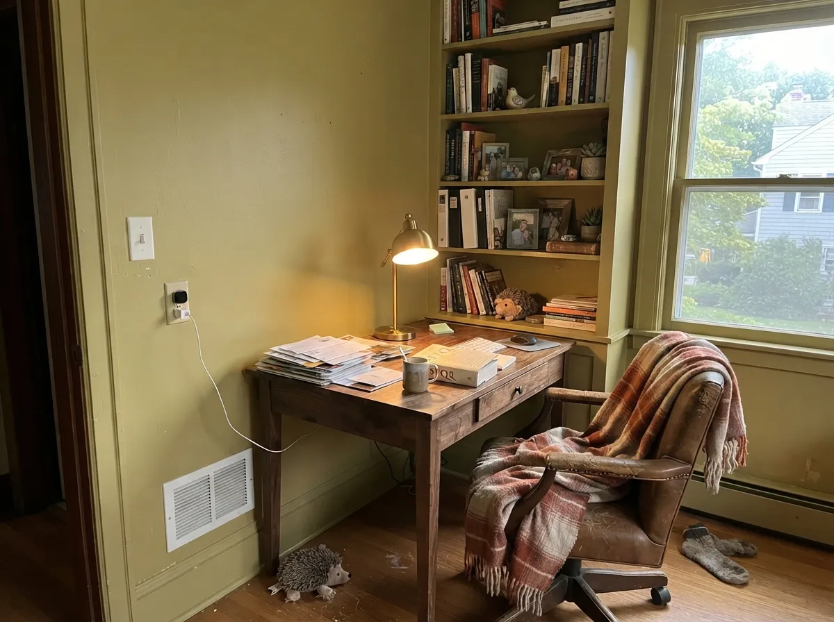 Walls and woodwork together turn a small office into something closer to a library.