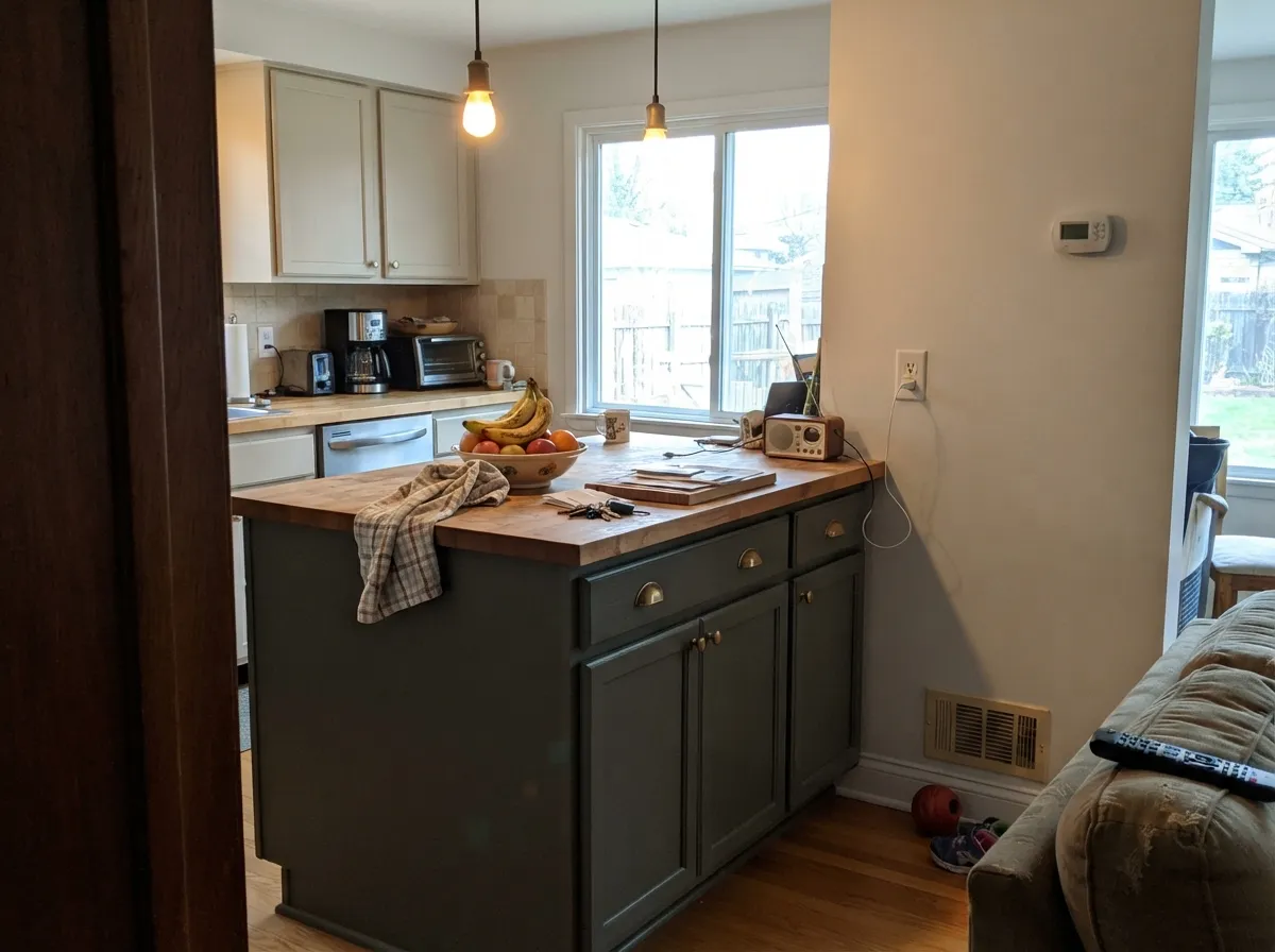 On an island against brass and butcher block, the green reads rich instead of muddy — its best kitchen role.