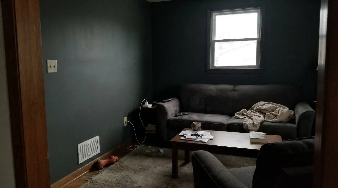 The honest shot: a dim north room with the lamps off, and the green all but disappears into near-black — the exact situation behind every "too dark" complaint.
