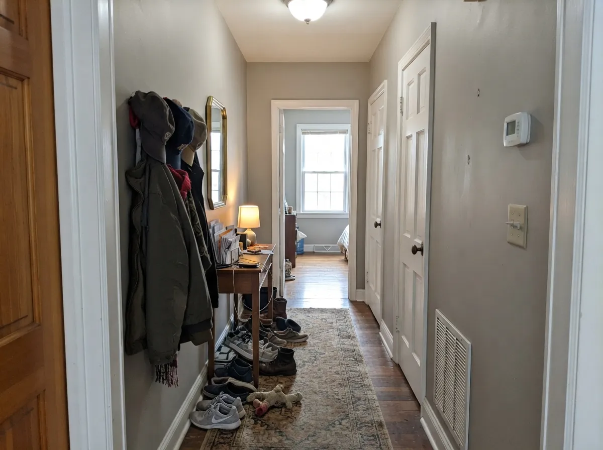 In a hallway with real daylight it reads calm and considered — the connective neutral that ties mismatched rooms together.
