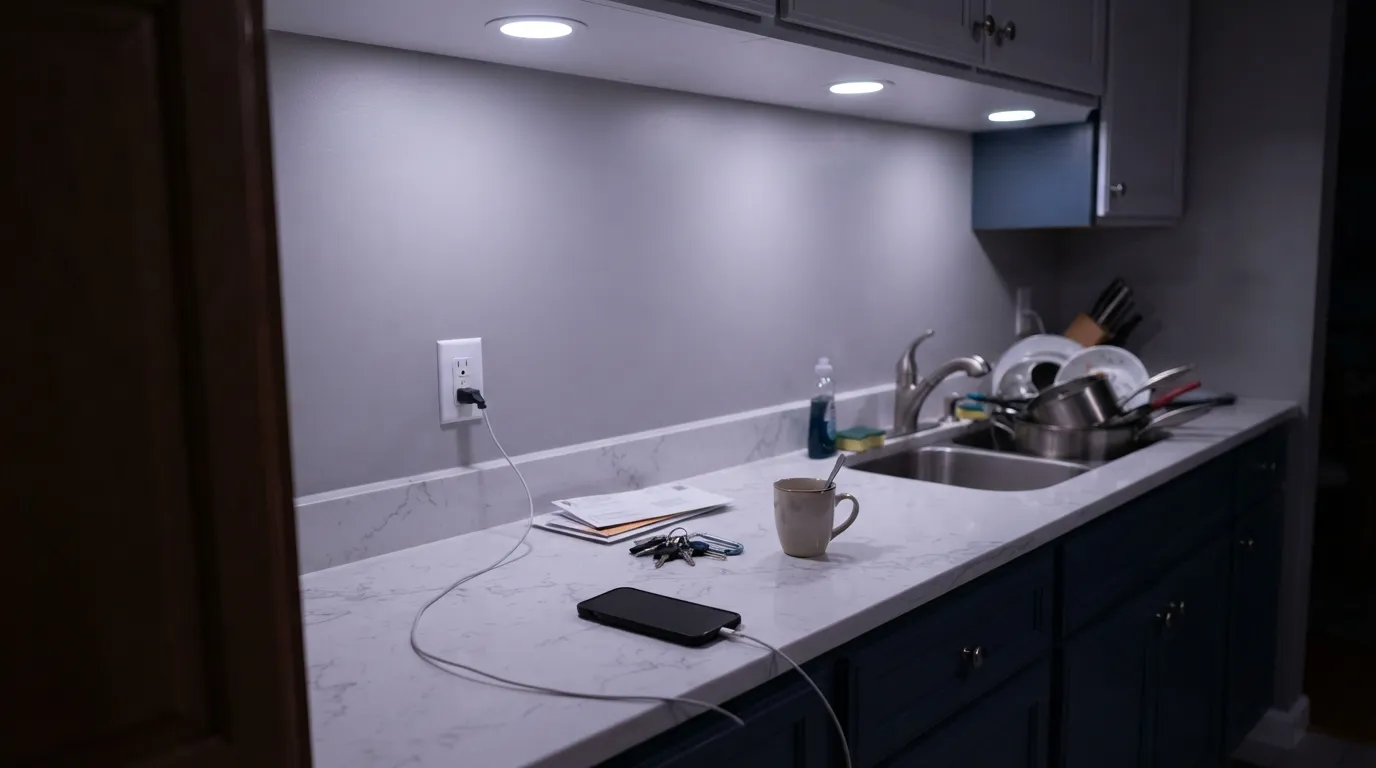 The honest shot: under a cool LED with no warm light to balance it, Cornforth White flashes visibly violet — the exact complaint behind most "it looked purple" reviews.