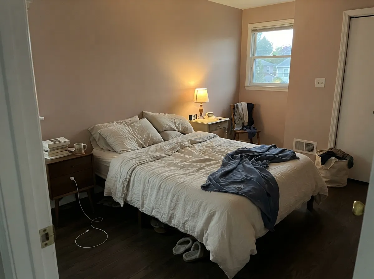 In a lamplit bedroom Dead Salmon goes snug and historic — cream linen and White Dove trim, not a candy-pink guest room.