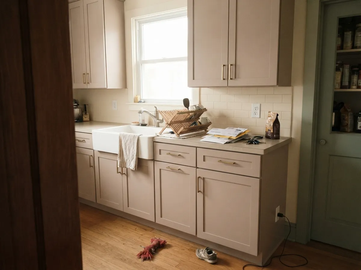 The designer dose: Dead Salmon on kitchen cabinets under Dimity walls, with a Calke Green pantry door — custom without another navy box.