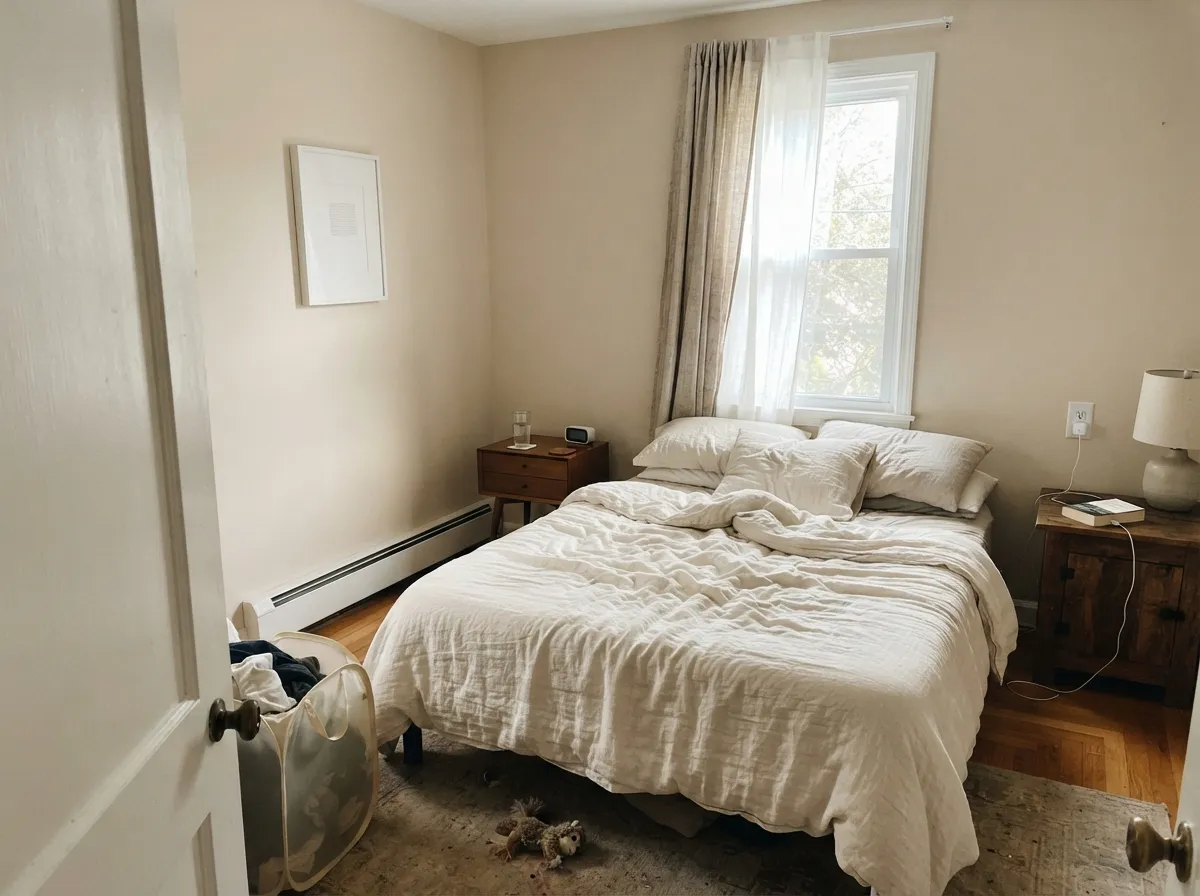 In a daylight bedroom Dimity stays linen — cream, not yellow, not pink — the room the red-based taupe was built for.