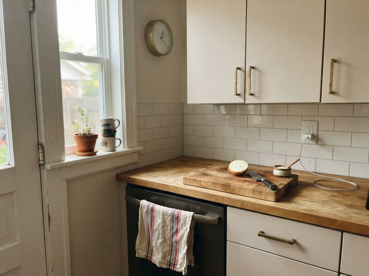 Dimity on cabinets in real sun with brass and wood — a soft F&B cream, not a peach, as long as the stone stays warm.