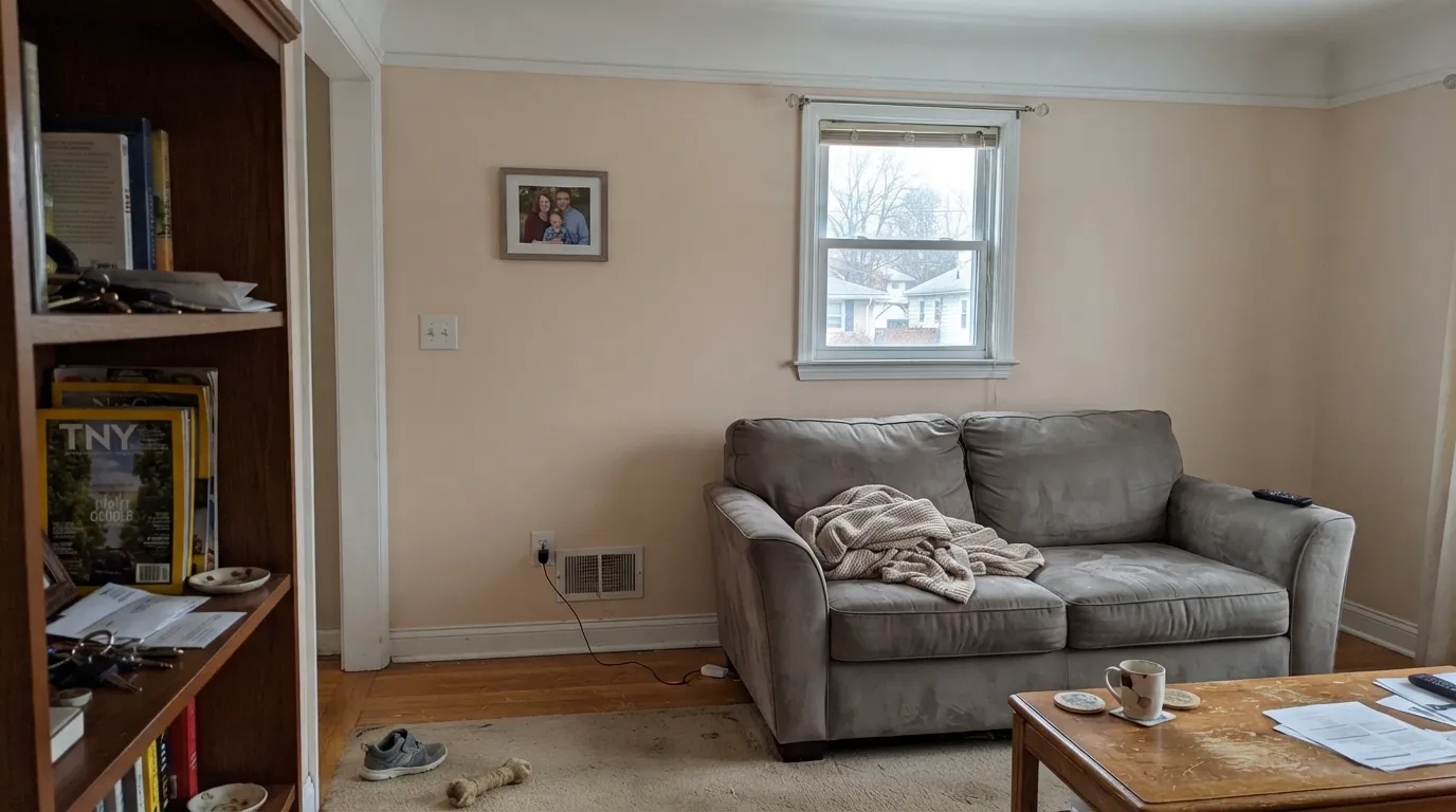 The honest shot: Dimity next to a brighter white in cool north light stops being a neutral and reads peach — the pairing designers warn about.