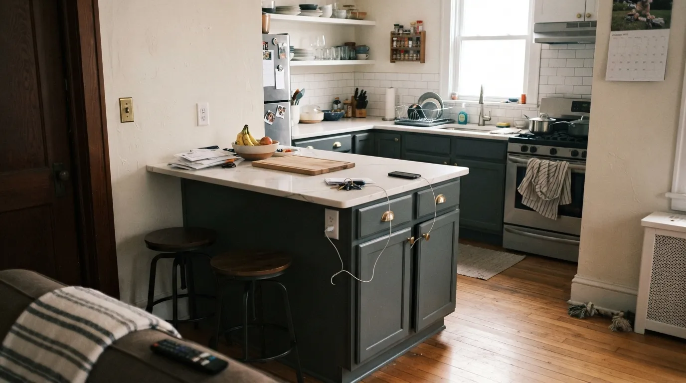 Down Pipe's signature job: a kitchen island under white marble, brass hardware and everyday clutter — the cool lead-gray reads expensive, not staged.
