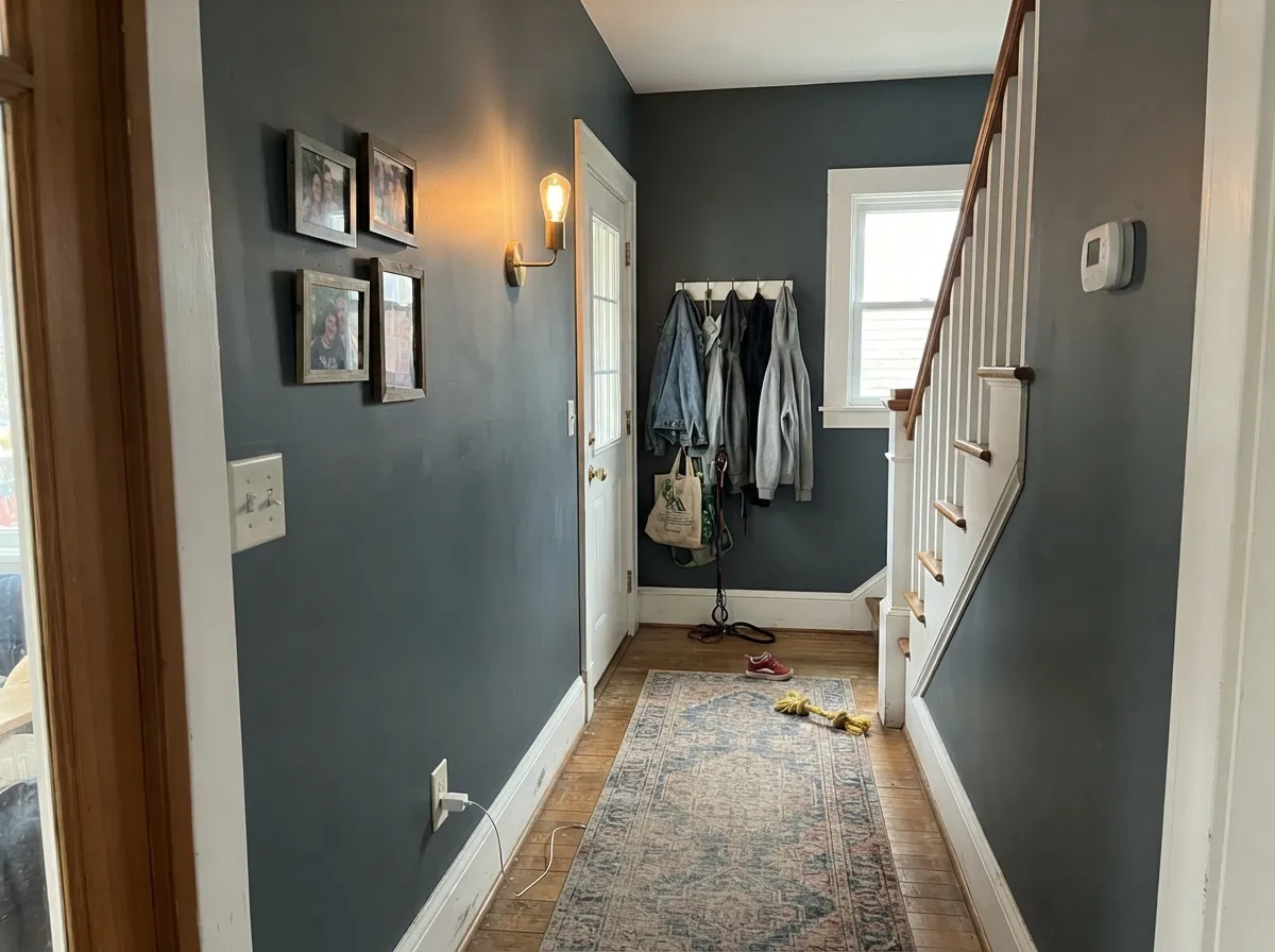 With one warm lamp and white trim, the hallway reads moody and considered — exactly the dramatic entrance Farrow & Ball built the color for.